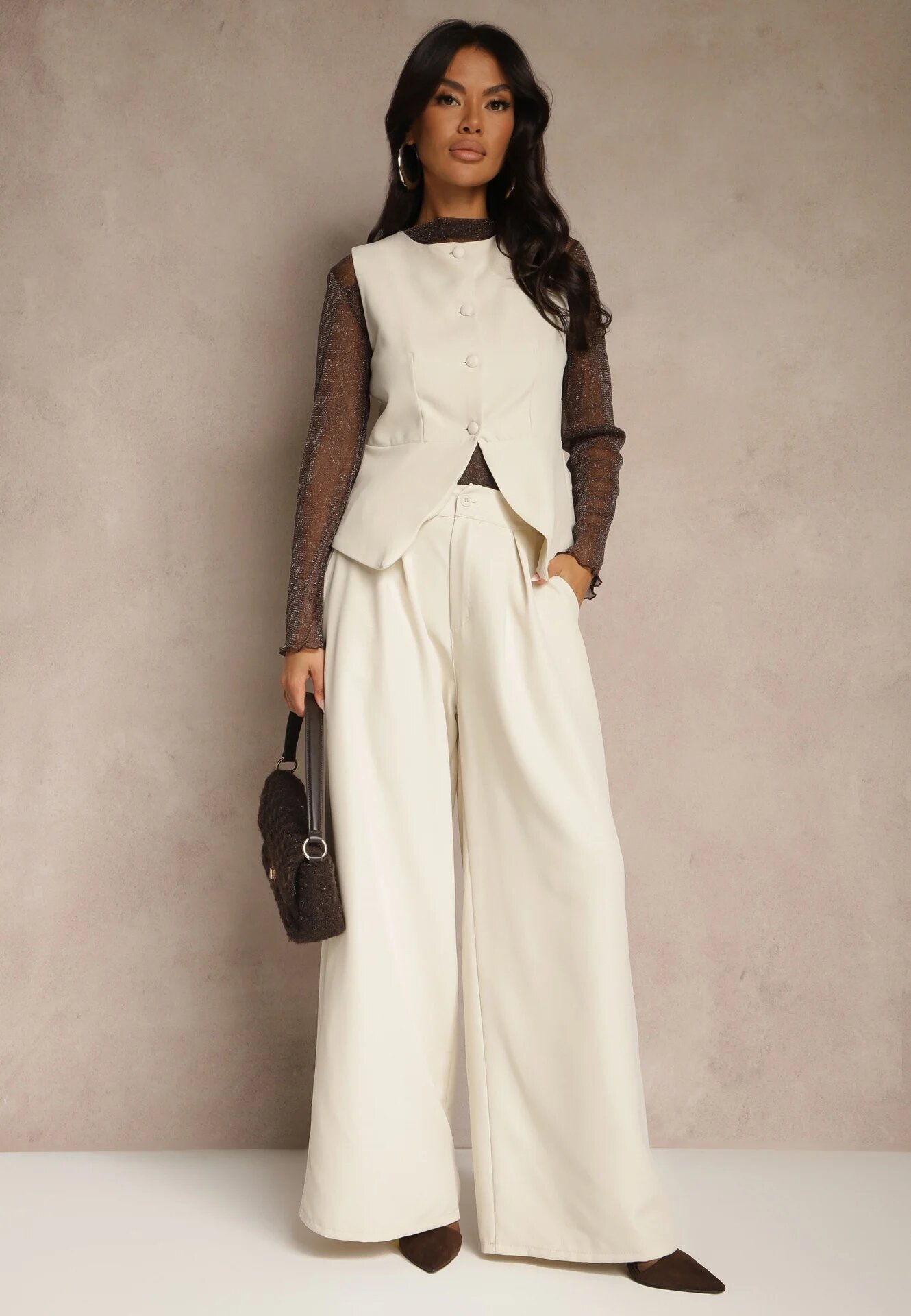 lovery Compleu Costum Bej Pantaloni Largi și Vestă Ziorene