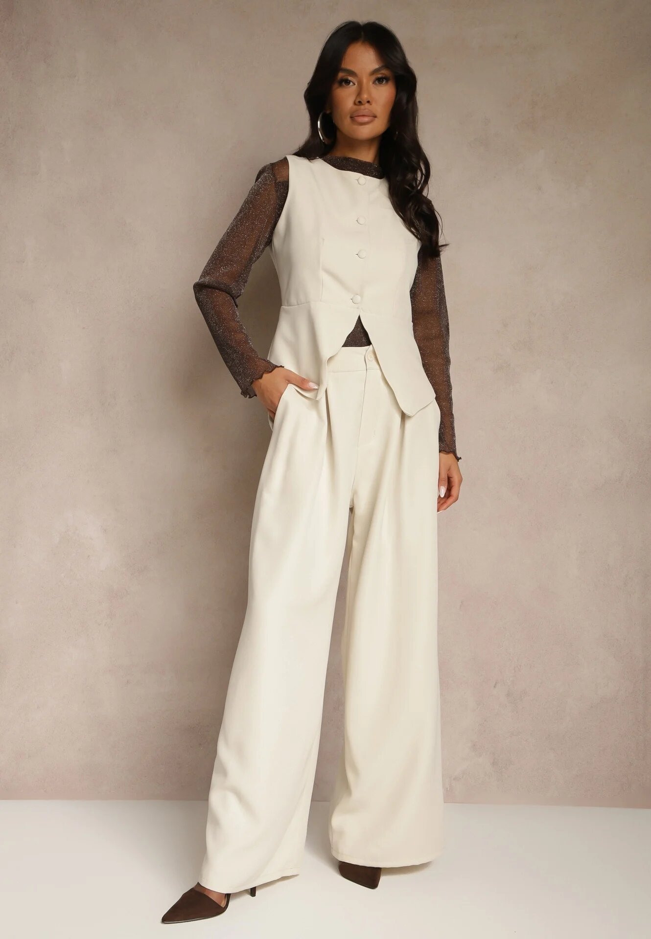 lovery Compleu Costum Bej Pantaloni Largi și Vestă Ziorene