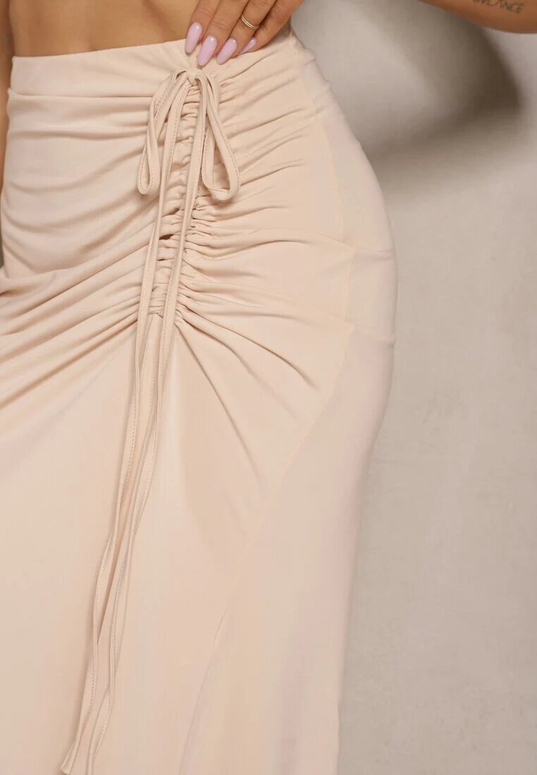 lovery Fustă bej cu viscoză High Waist cu încrețituri și legătură Tesainea