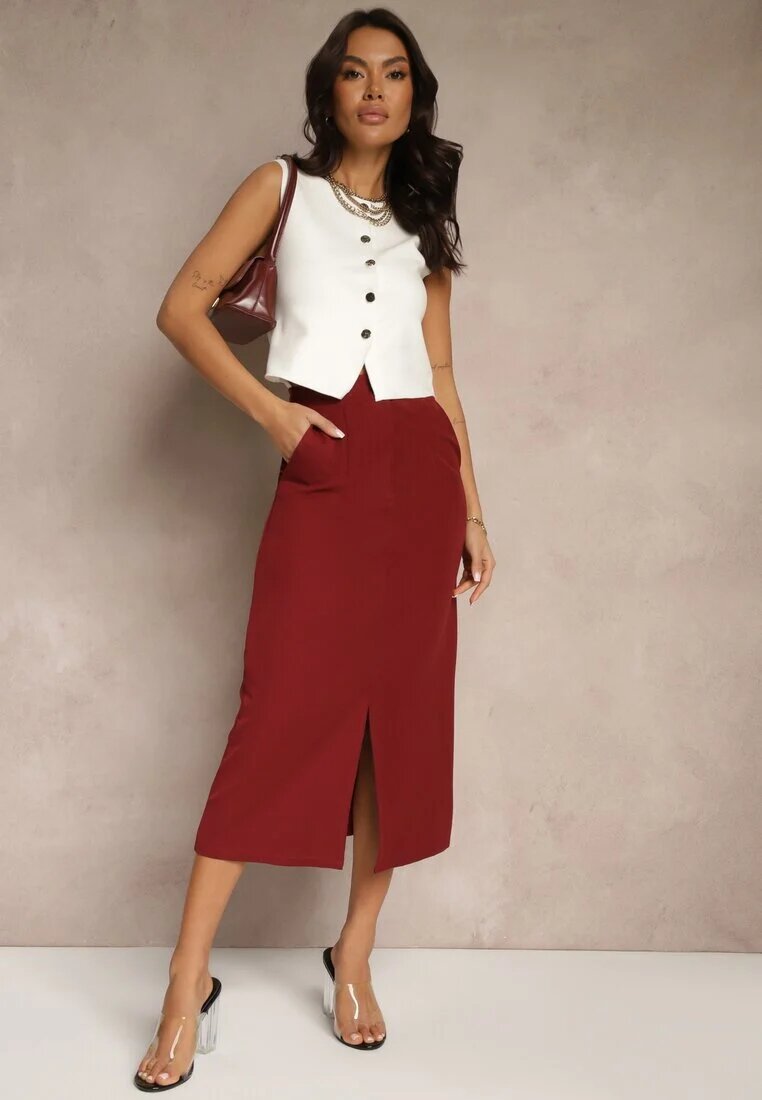 lovery Fustă creion bordo din vâscoză High Waist cu șliț Semivinia