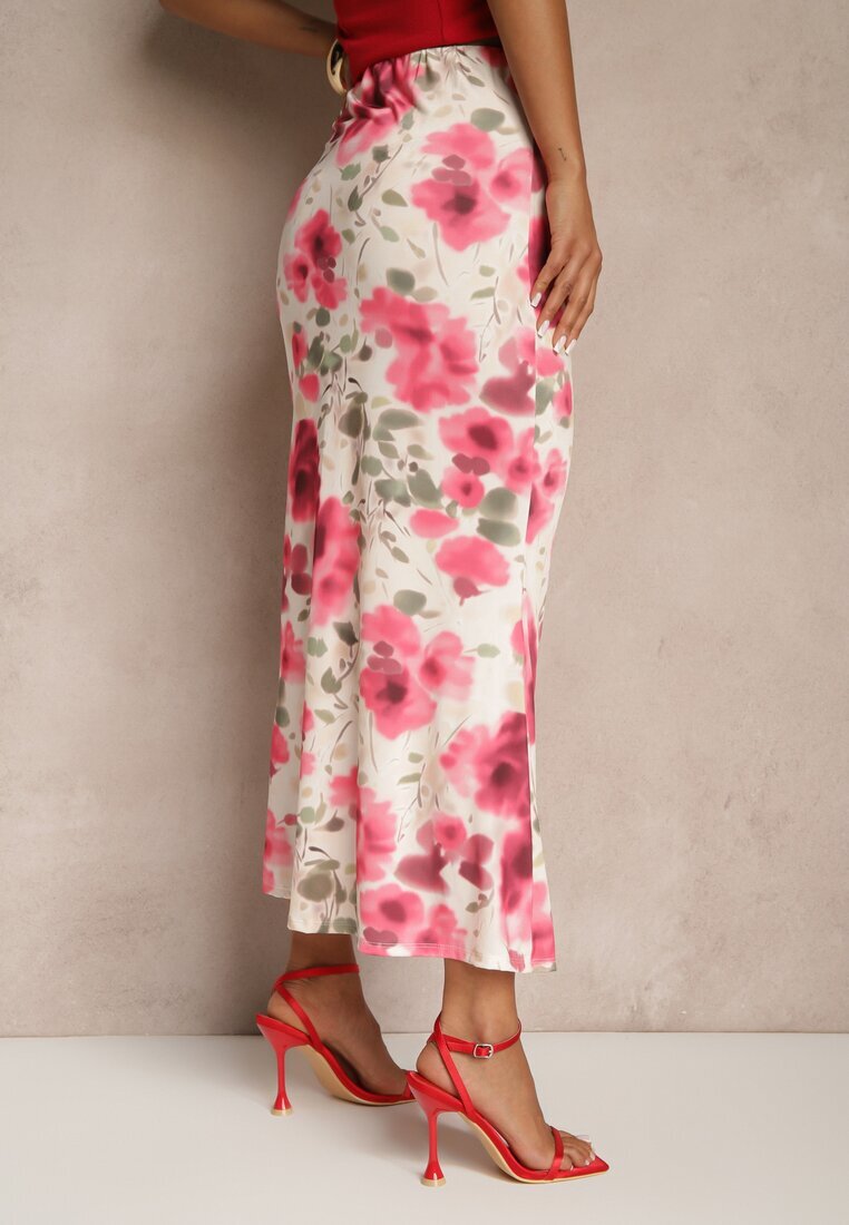 lovery Fustă Fucsia plisată florală decorată cu o fantă laterală pe picior