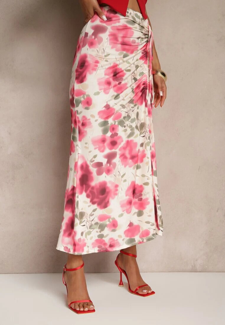lovery Fustă Fucsia plisată florală decorată cu o fantă laterală pe picior