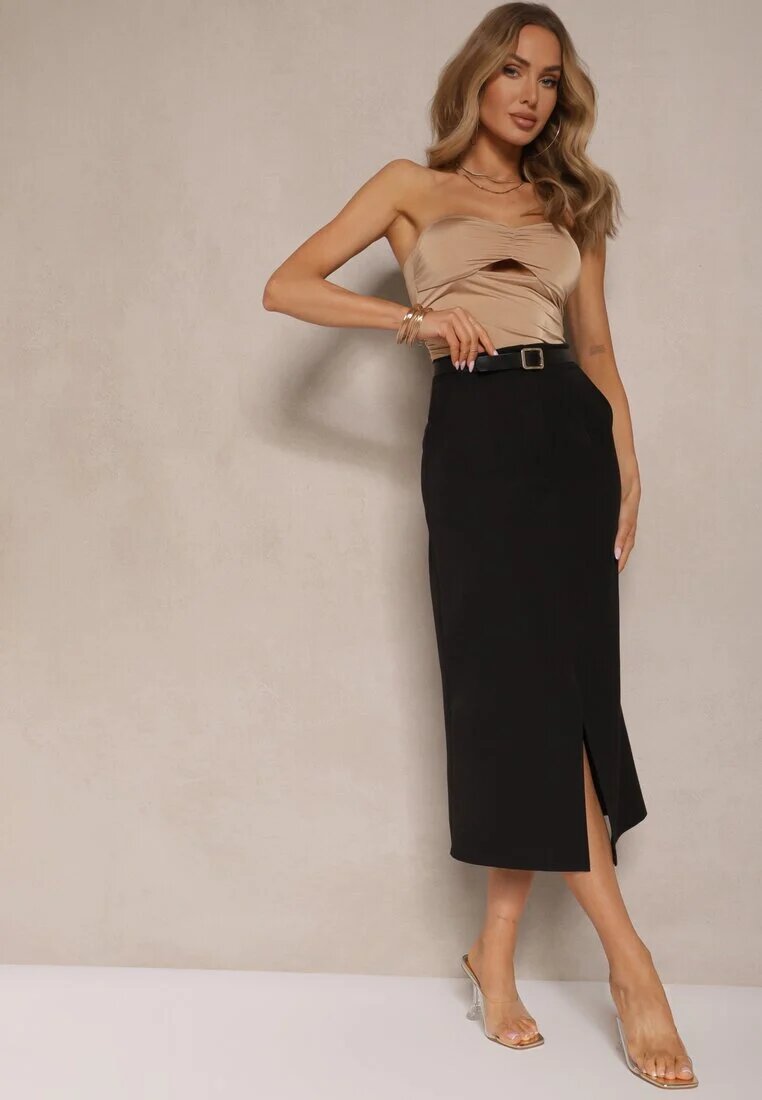 lovery Fustă Neagră Creion din Vâscoză High Waist cu Șliț Semivinia