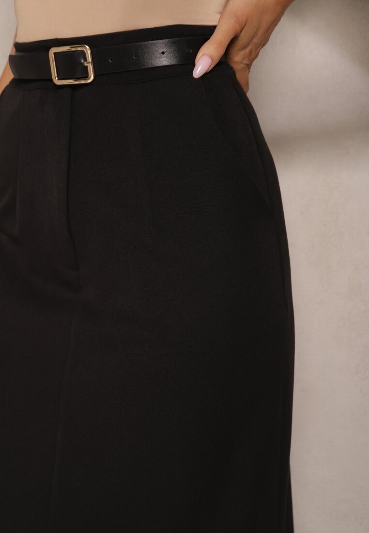 lovery Fustă Neagră Creion din Vâscoză High Waist cu Șliț Semivinia