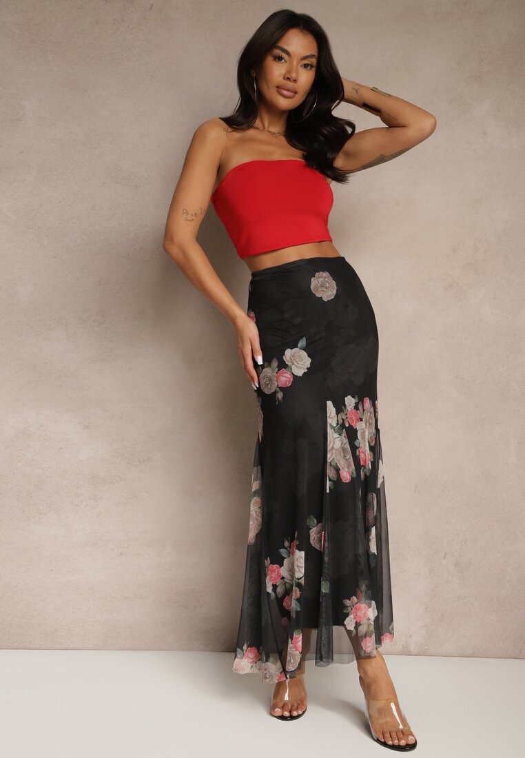 lovery Fustă Neagră cu Model Floral cu Croi Evazat Efrirene