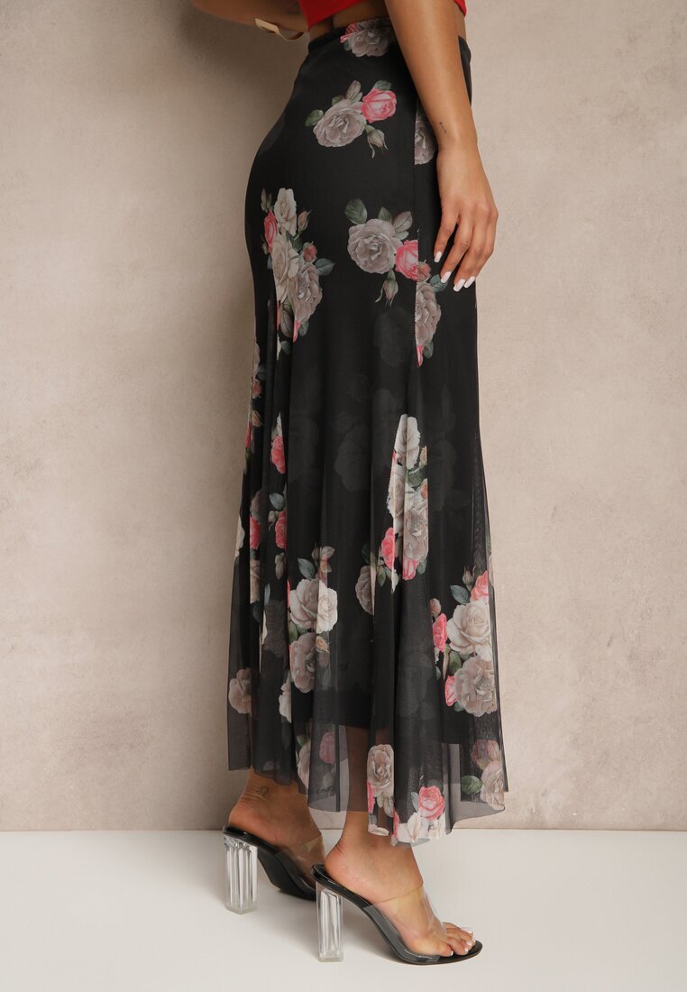 lovery Fustă Neagră cu Model Floral cu Croi Evazat Efrirene