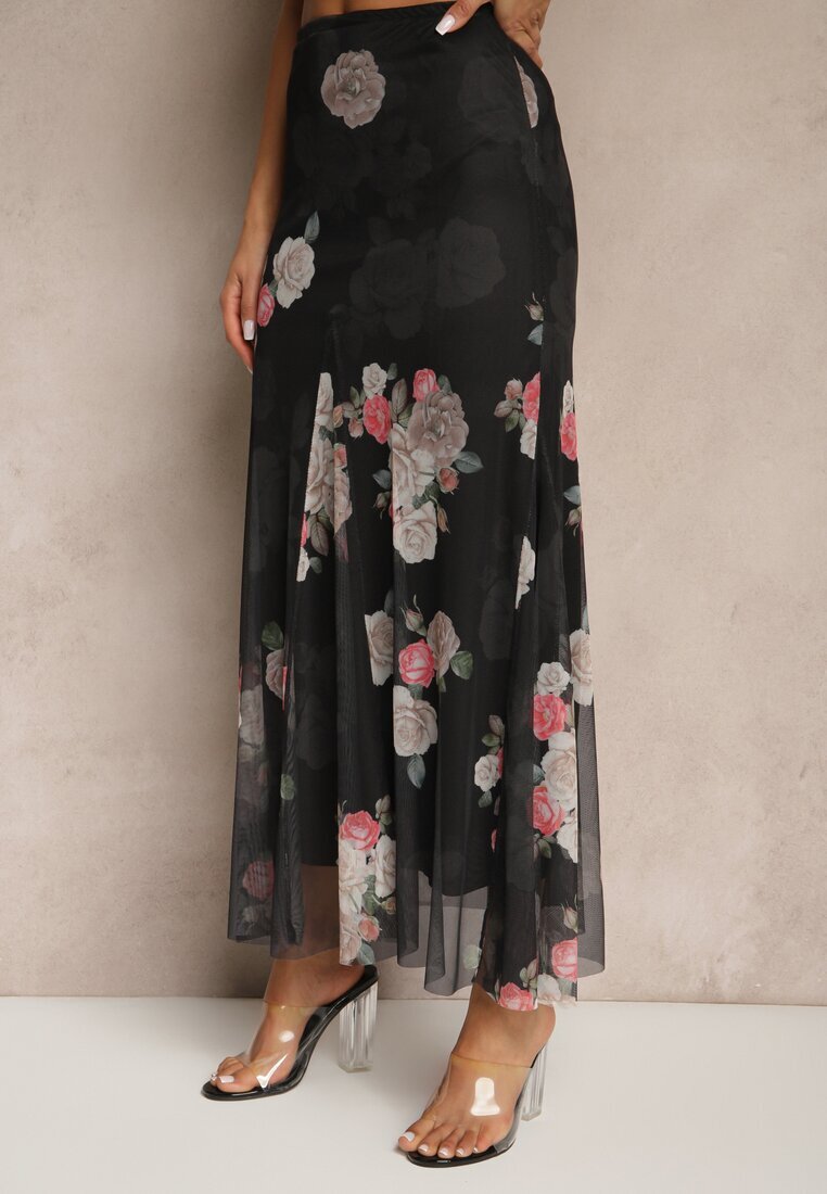 lovery Fustă Neagră cu Model Floral cu Croi Evazat Efrirene