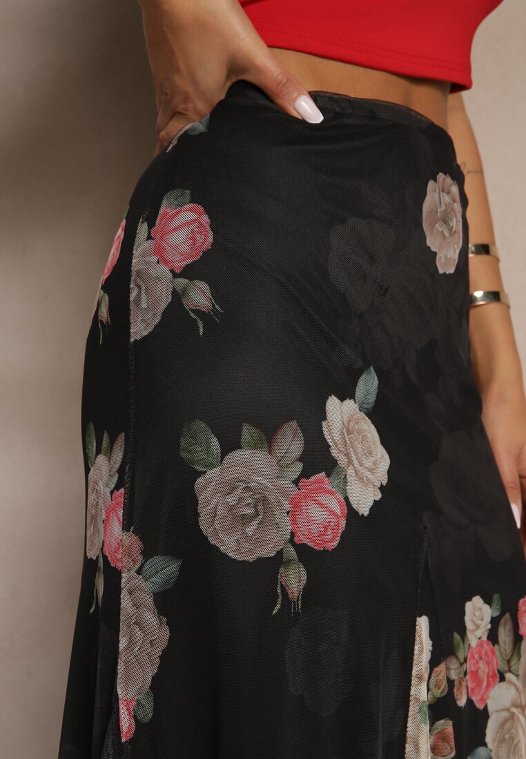 lovery Fustă Neagră cu Model Floral cu Croi Evazat Efrirene