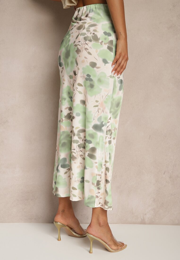 lovery Fustă Verde Încrețită Florală Decorată cu Despicătură pe Picior