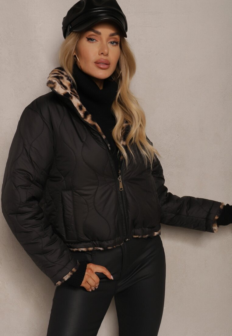 lovery Geacă Puffer Neagră Matlasată Reversibilă cu Blană cu Imprimeu Leopard Tinnathra