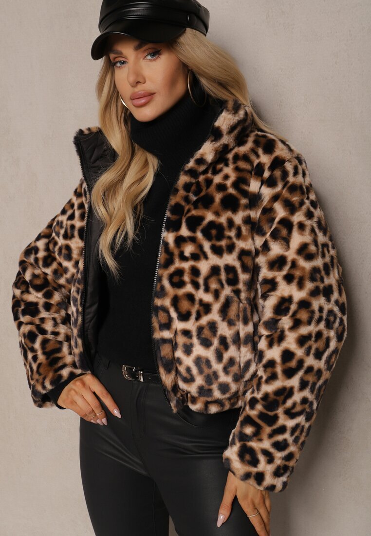 lovery Geacă Puffer Neagră Matlasată Reversibilă cu Blană cu Imprimeu Leopard Tinnathra