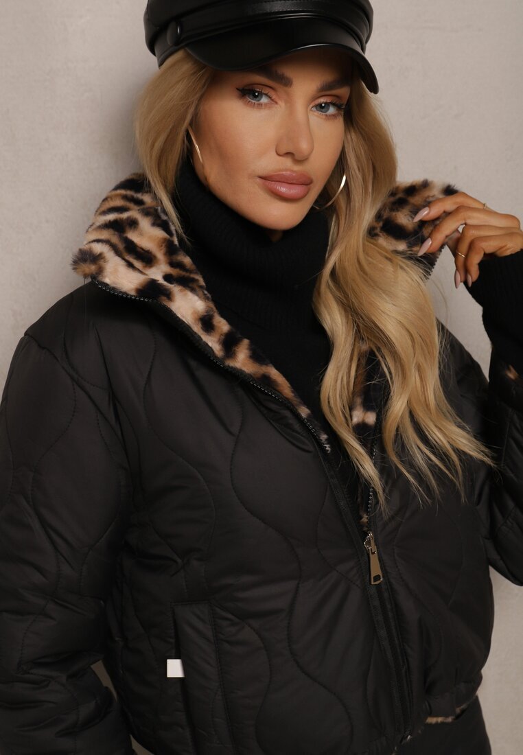 lovery Geacă Puffer Neagră Matlasată Reversibilă cu Blană cu Imprimeu Leopard Tinnathra