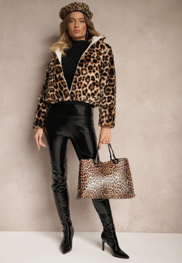 lovery Jachetă puffer matlasată bej reversibilă cu blană cu imprimeu leopard Tinnathra