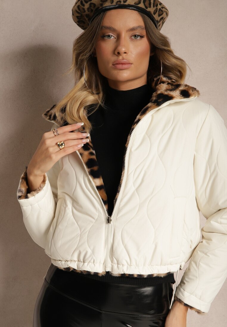 lovery Jachetă puffer matlasată bej reversibilă cu blană cu imprimeu leopard Tinnathra