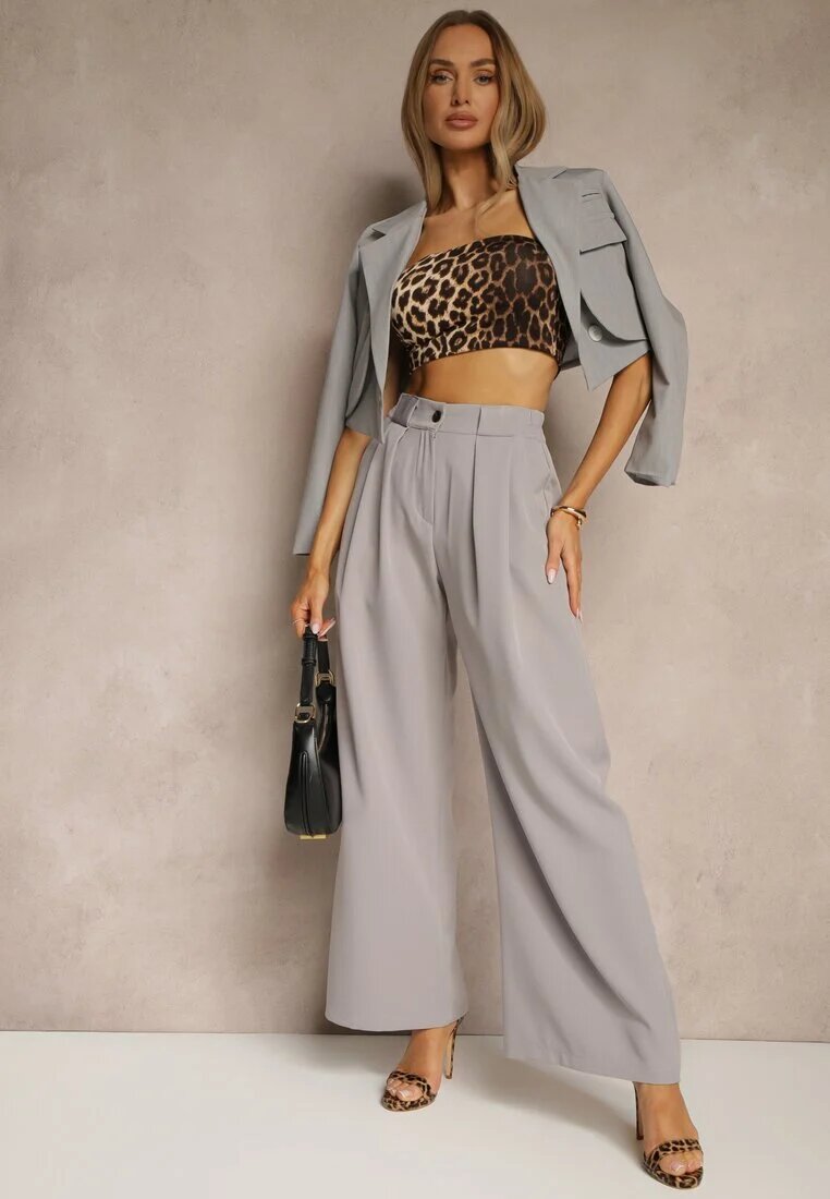 lovery Pantaloni Gri Largi Talie înaltă Croială tip costum cu Pliuri Uliadorea
