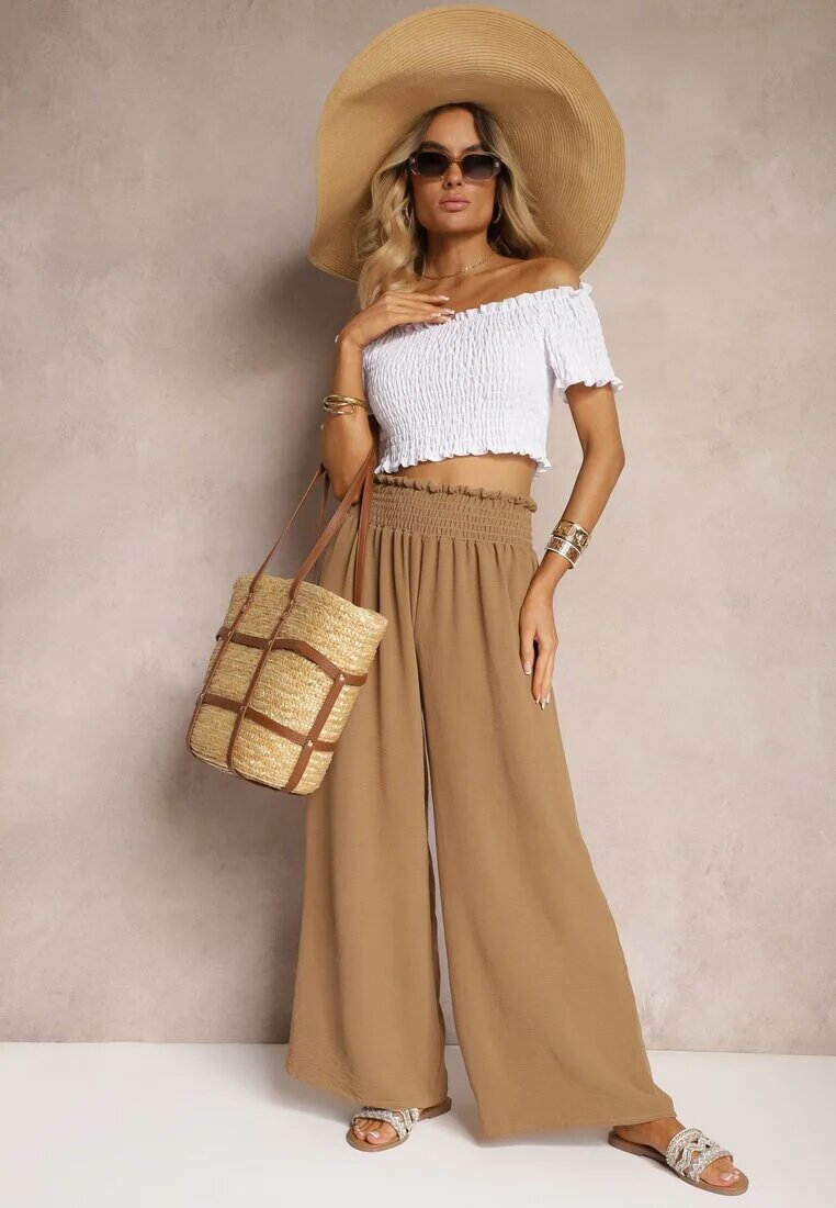 lovery Pantaloni Maro deschis High Waist cu picioare largi și elastic în talie Risabessa