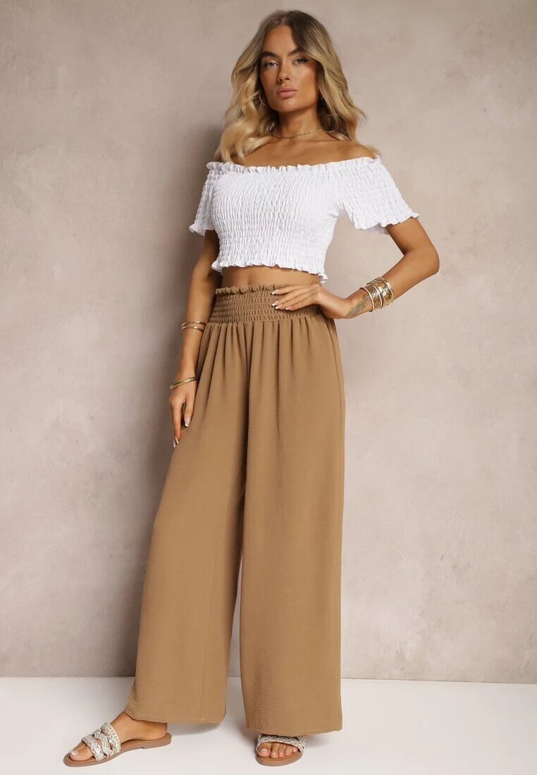 lovery Pantaloni Maro deschis High Waist cu picioare largi și elastic în talie Risabessa