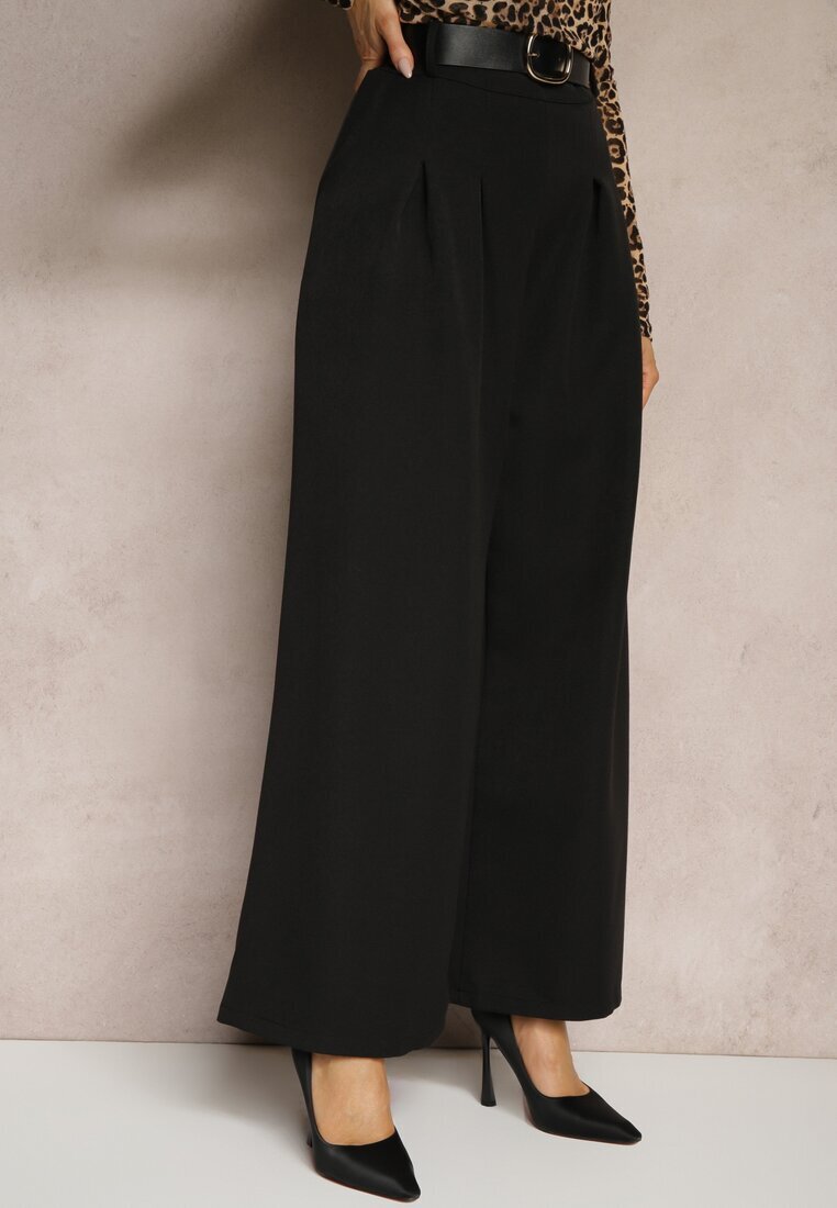 lovery Pantaloni Negri Eleganti Largi de Costum cu Vâscoză cu Centură Ravinae