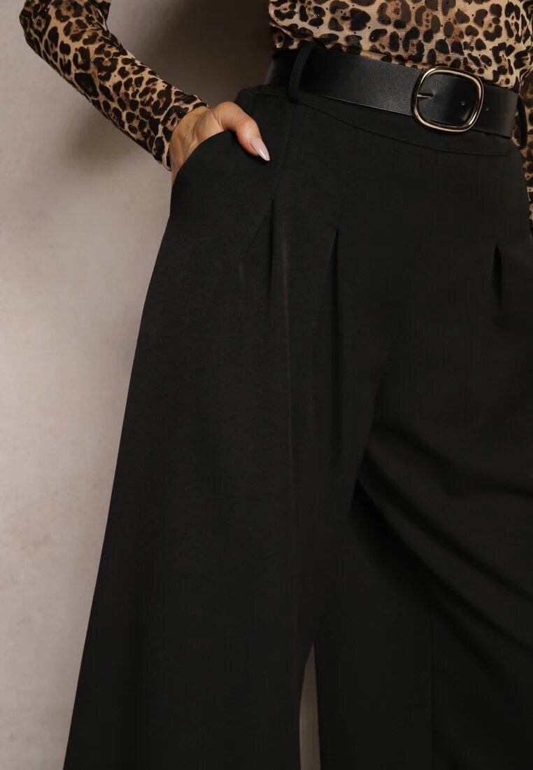 lovery Pantaloni Negri Eleganti Largi de Costum cu Vâscoză cu Centură Ravinae