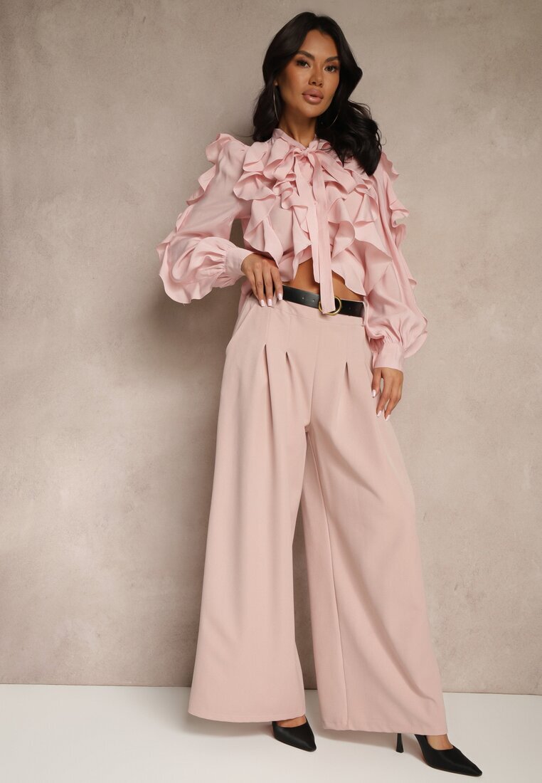 lovery Pantaloni roz Eleganți Largi de costum din viscoză Decorați cu o curea Ravinae