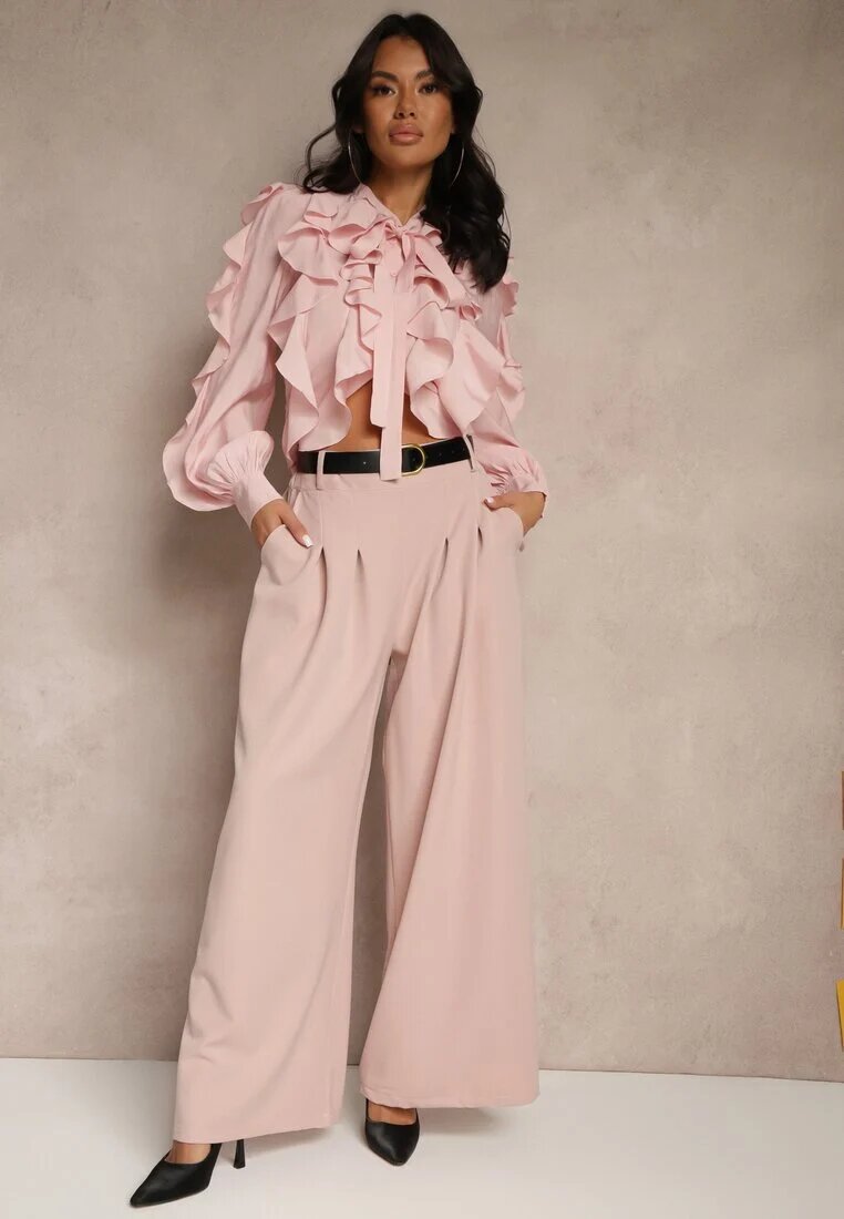 lovery Pantaloni roz Eleganți Largi de costum din viscoză Decorați cu o curea Ravinae