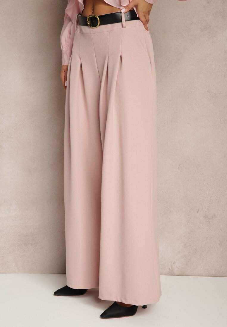 lovery Pantaloni roz Eleganți Largi de costum din viscoză Decorați cu o curea Ravinae