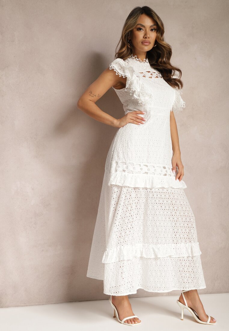 lovery Rochie albă cambrată maxi evazată cu motiv decupat Handlla