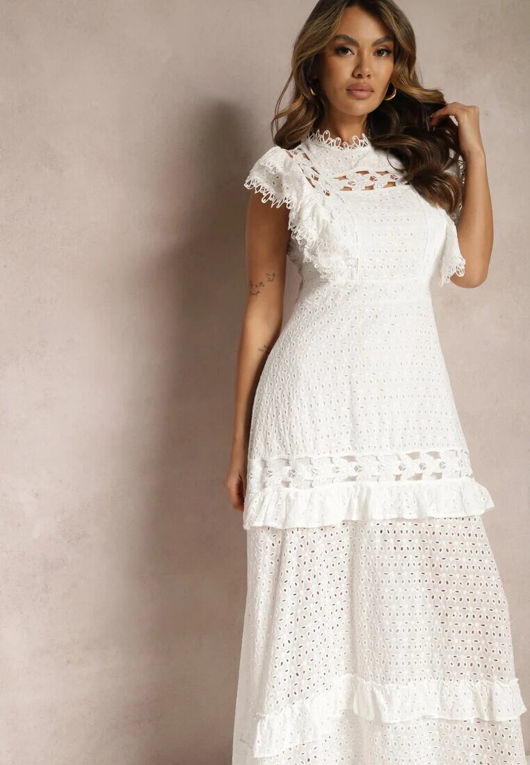 lovery Rochie albă cambrată maxi evazată cu motiv decupat Handlla