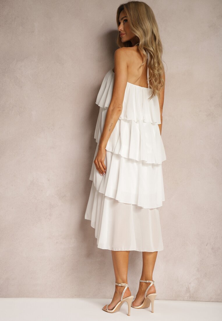 lovery Rochie Albă cu broșă florală finisată cu volane și legătură la gât Tinashell