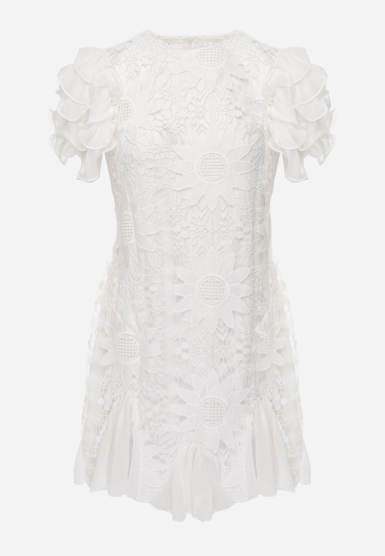 lovery Rochie Albă Mulată Mini cu Dantelă și Volane Offiamea