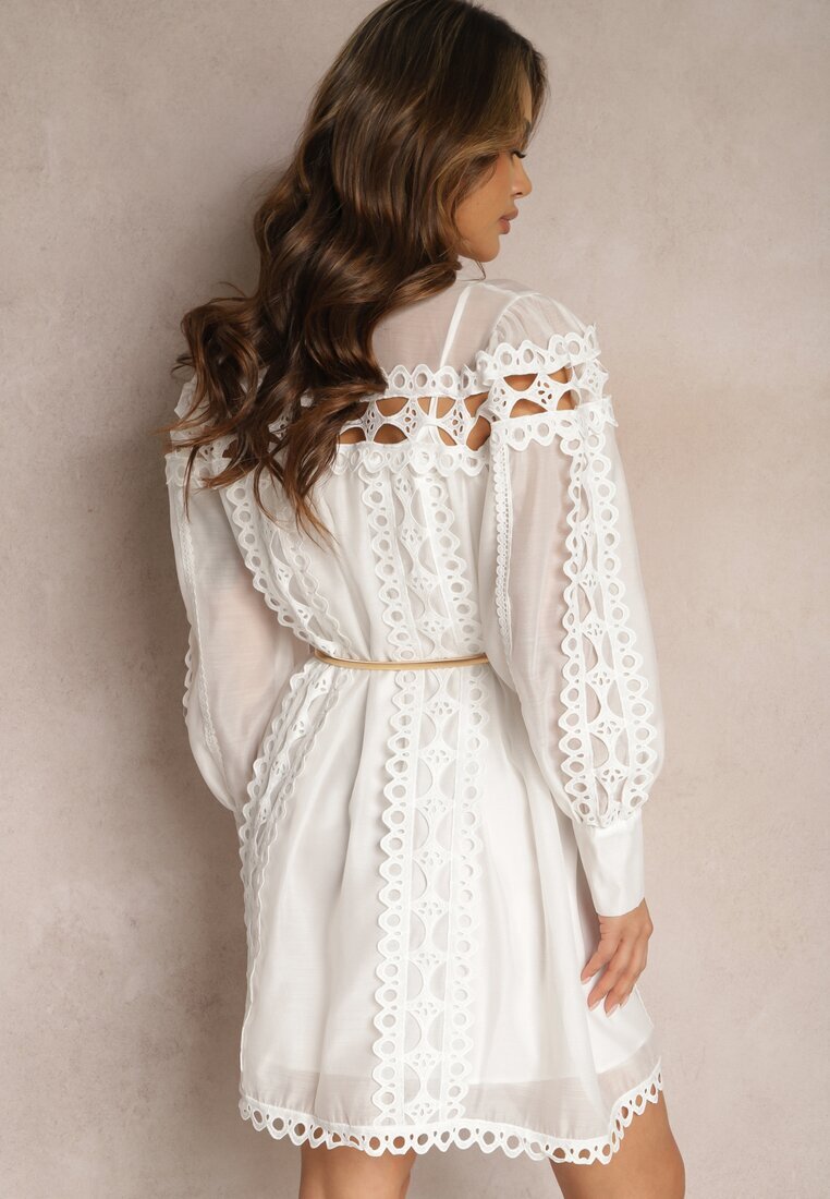 lovery Rochie Albă tip cămașă Mini cu curea Decorată cu dantelă organdi