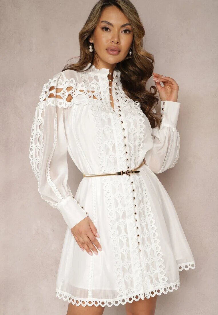 lovery Rochie Albă tip cămașă Mini cu curea Decorată cu dantelă organdi