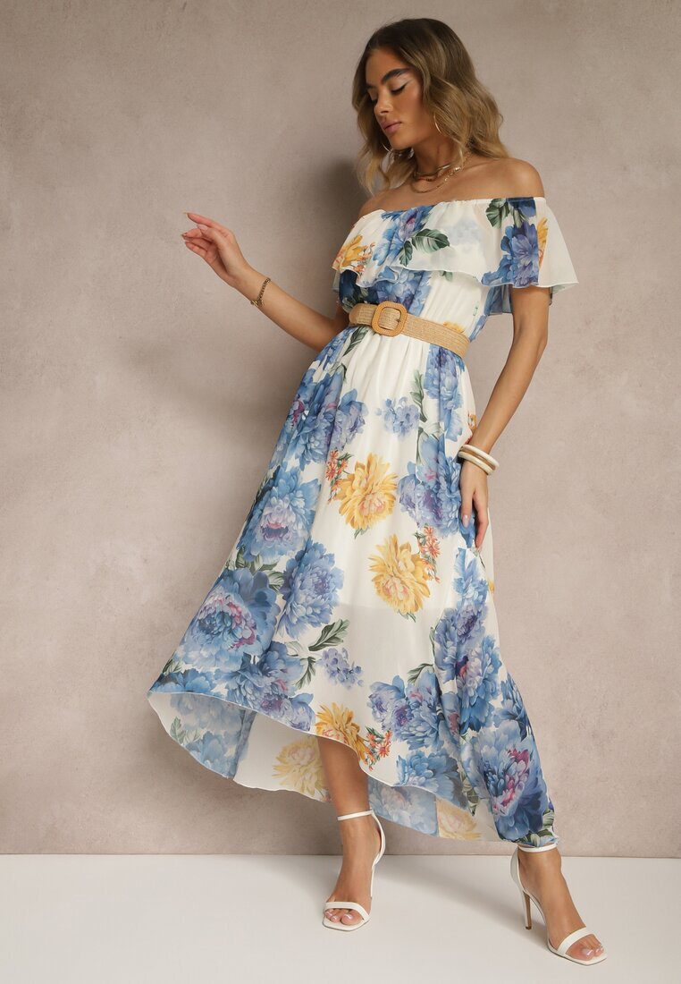 lovery Rochie Albastră Spaniolă cu Model Floral și Curea Împletită Sadeene