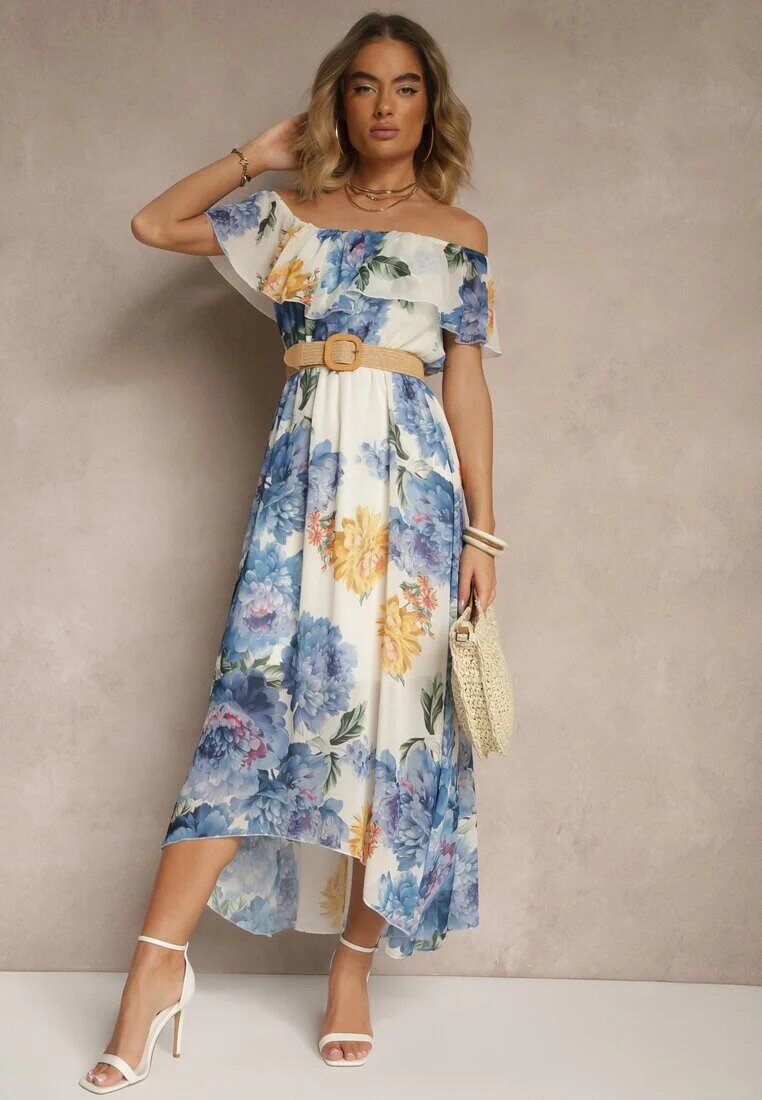 lovery Rochie Albastră Spaniolă cu Model Floral și Curea Împletită Sadeene