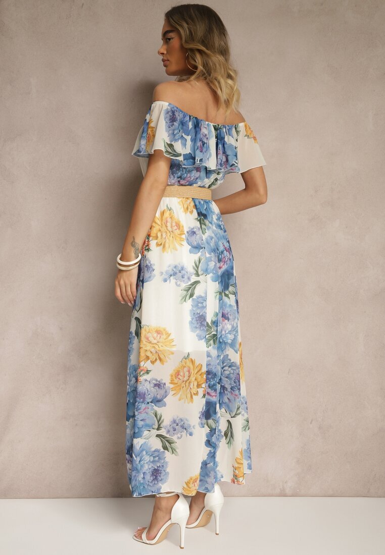 lovery Rochie Albastră Spaniolă cu Model Floral și Curea Împletită Sadeene