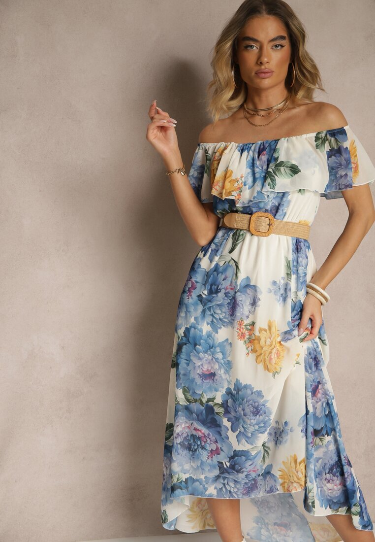 lovery Rochie Albastră Spaniolă cu Model Floral și Curea Împletită Sadeene