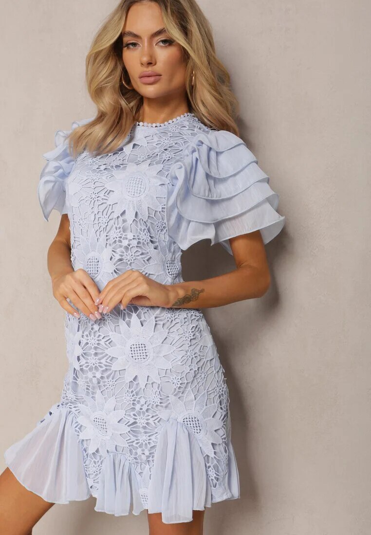 lovery Rochie Albastru deschis Mulată Mini cu Dantelă și Volănașe Offiamea
