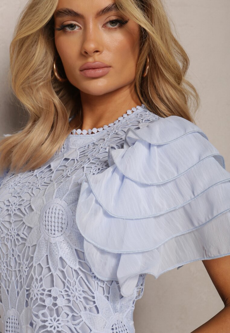 lovery Rochie Albastru deschis Mulată Mini cu Dantelă și Volănașe Offiamea