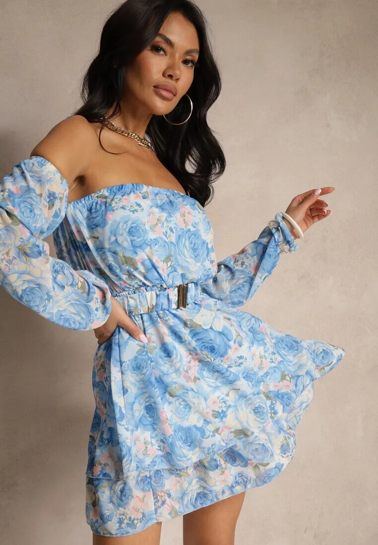 lovery Rochie Albastru deschis Spaniolească din Vâscoză cu Flori cu Curea și Volane Zelmoi