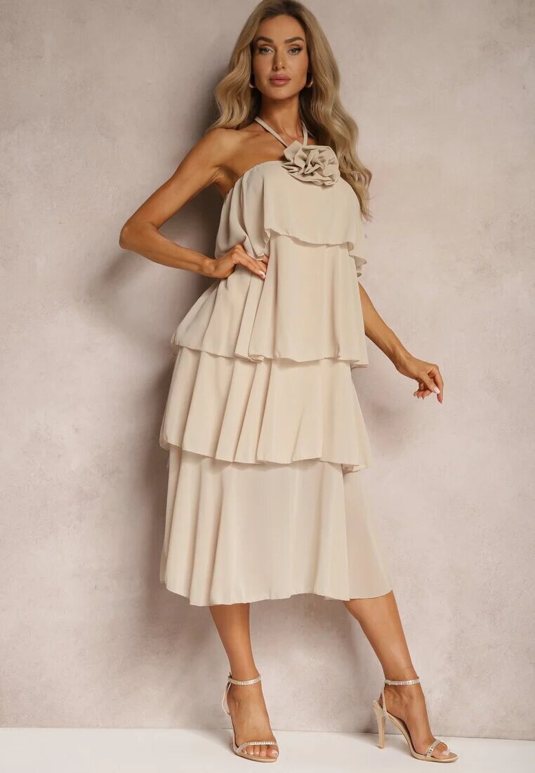 lovery Rochie bej cu Broșă Florală Finisată cu Volane și Legată la Gât Tinashell