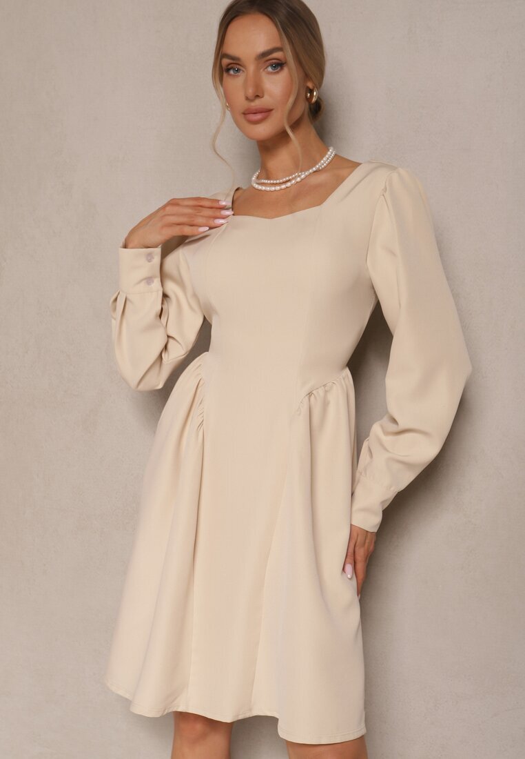 lovery Rochie Bej cu croială evazată decorată cu decolteu pătrat Katirva