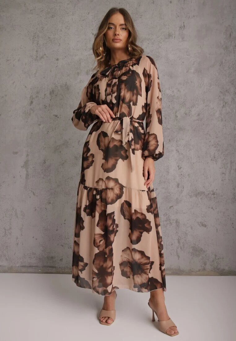 lovery Rochie bej închisă cu croială dreaptă cu imprimeu floral decorată cu curea Acęxia