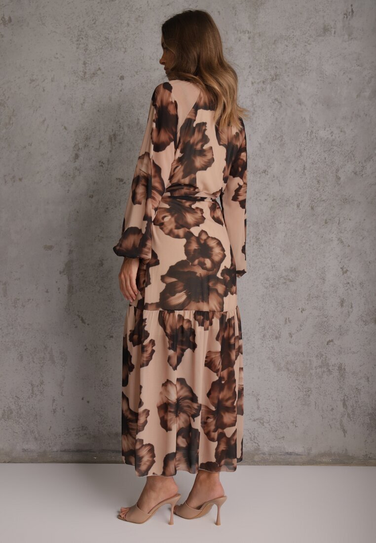 lovery Rochie bej închisă cu croială dreaptă cu imprimeu floral decorată cu curea Acęxia