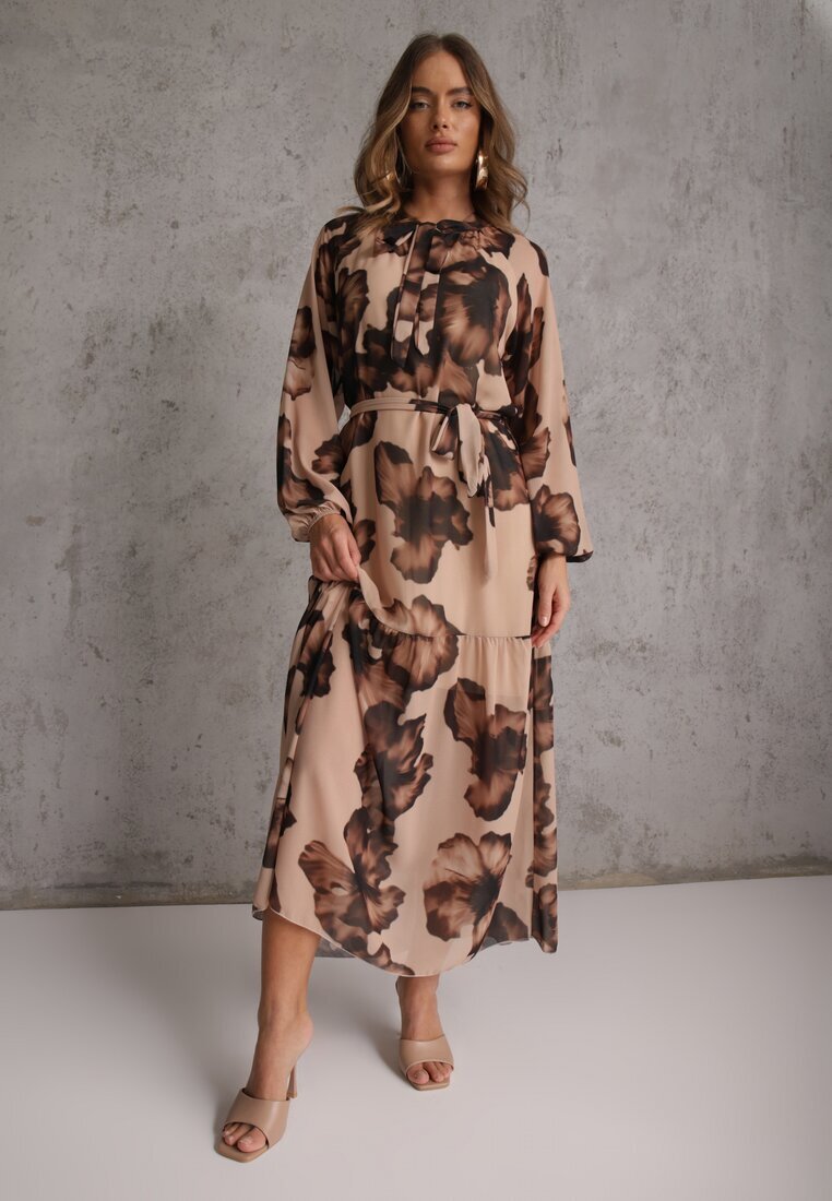 lovery Rochie bej închisă cu croială dreaptă cu imprimeu floral decorată cu curea Acęxia
