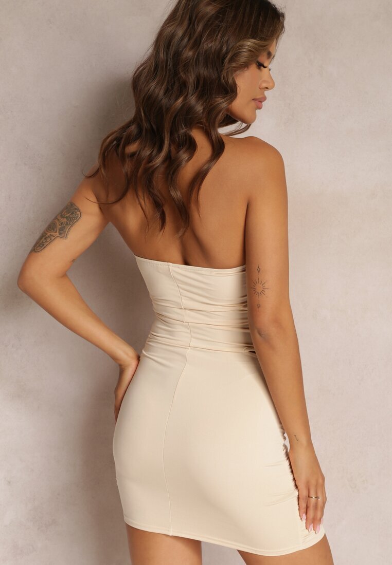 lovery Rochie Bej încrețită mulată Mini cu flori decorative fără bretele Sherid