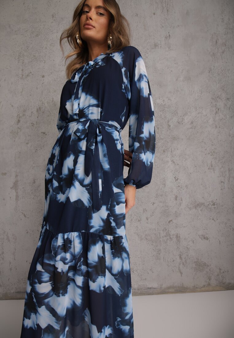 lovery Rochie Bleu marin cu o croială dreaptă cu model floral decorată cu o curea Acexia