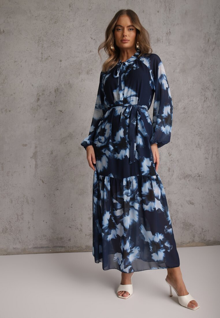 lovery Rochie Bleu marin cu o croială dreaptă cu model floral decorată cu o curea Acexia