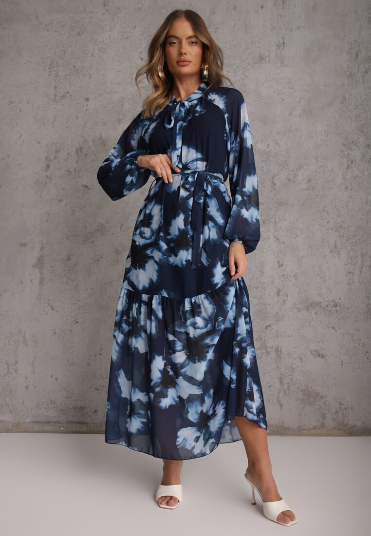 lovery Rochie Bleu marin cu o croială dreaptă cu model floral decorată cu o curea Acexia