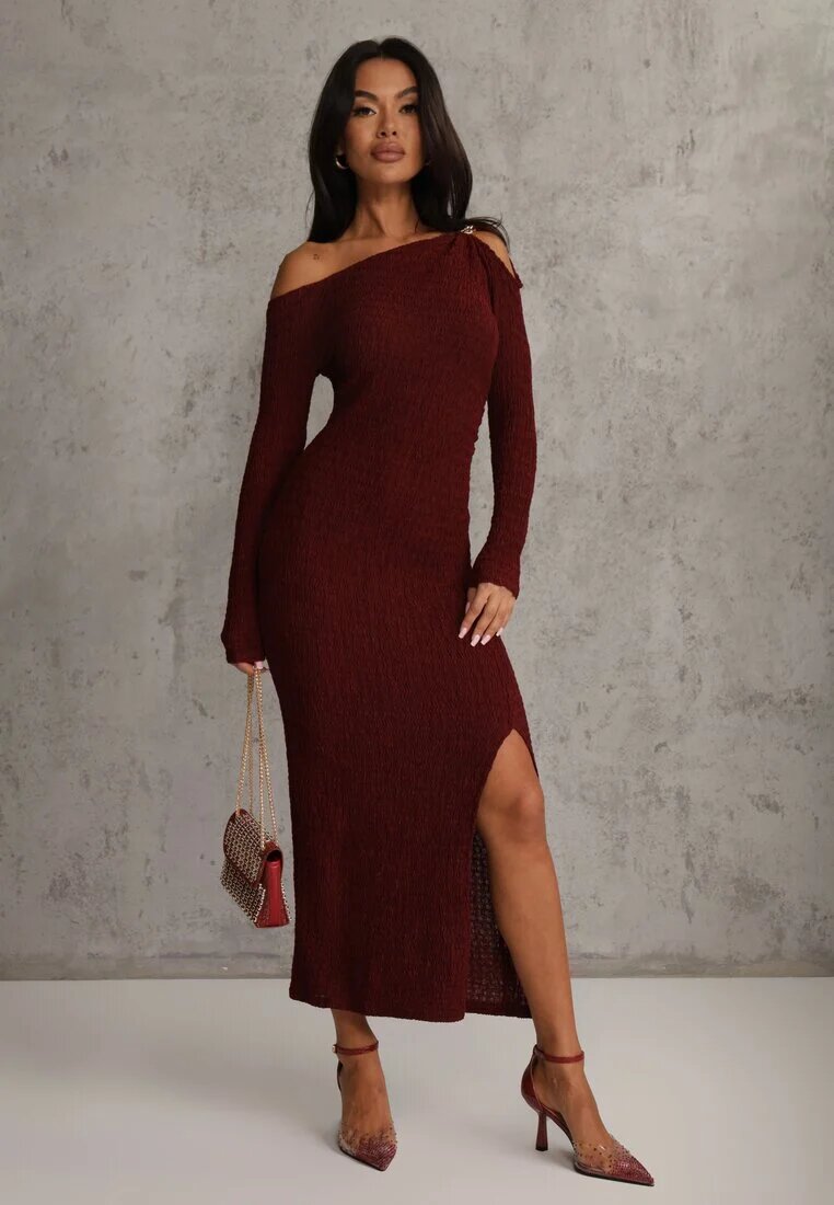 lovery Rochie Bordeaux cu Croială Ajustată Decorată cu Aplicație Metalică Reittia