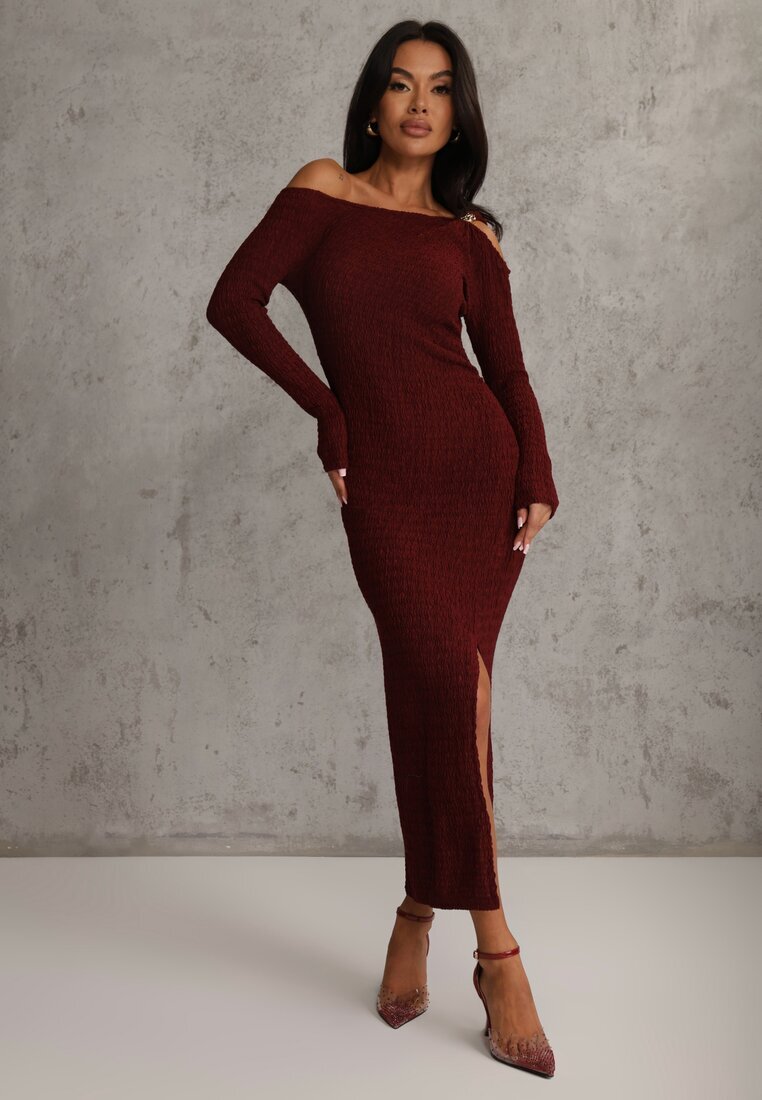 lovery Rochie Bordeaux cu Croială Ajustată Decorată cu Aplicație Metalică Reittia